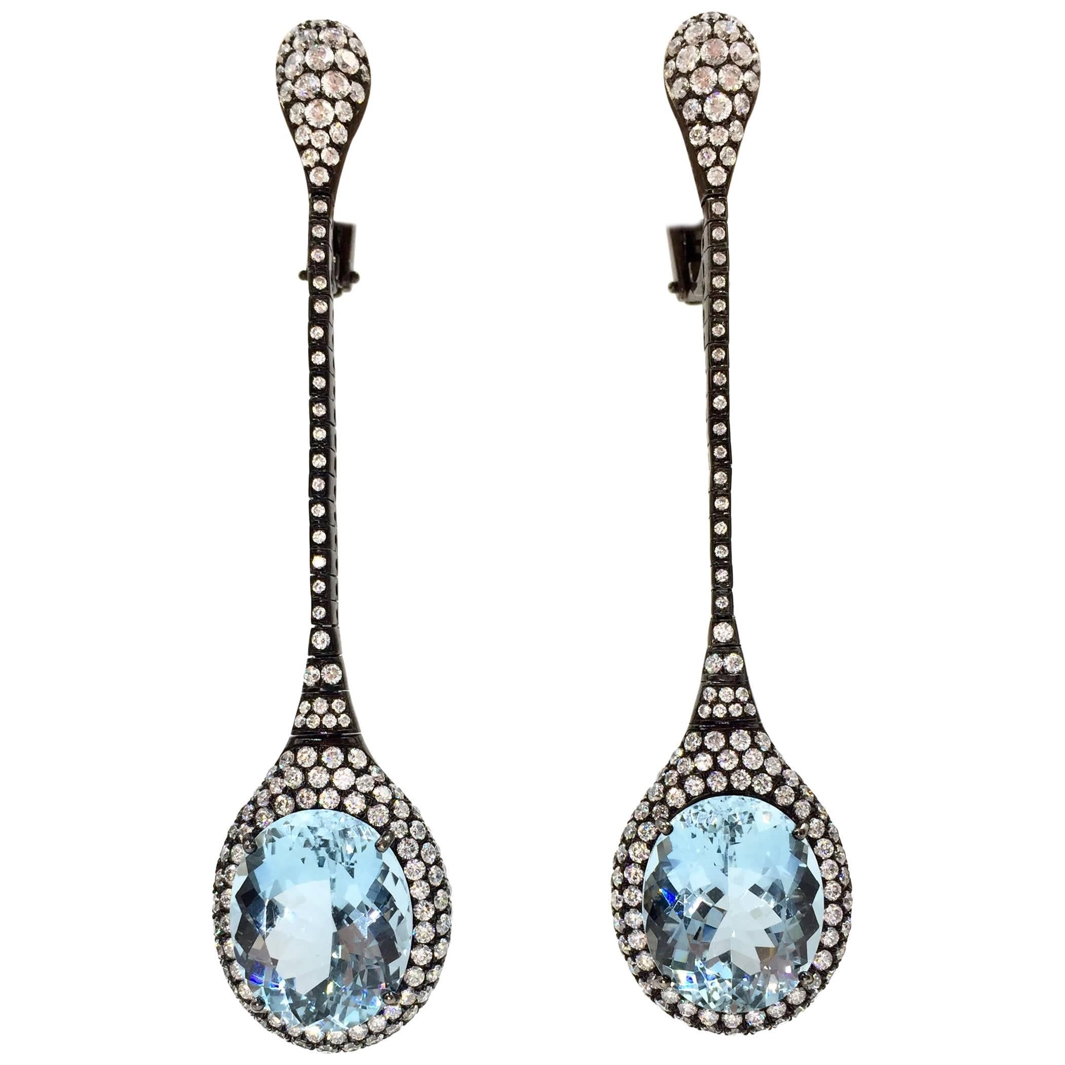 Aquamarine and 4.30 Carat  Diamond Long Drop 18 Karat Earrings For Sale