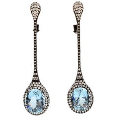 Aquamarine and 4.30 Carat  Diamond Long Drop 18 Karat Earrings