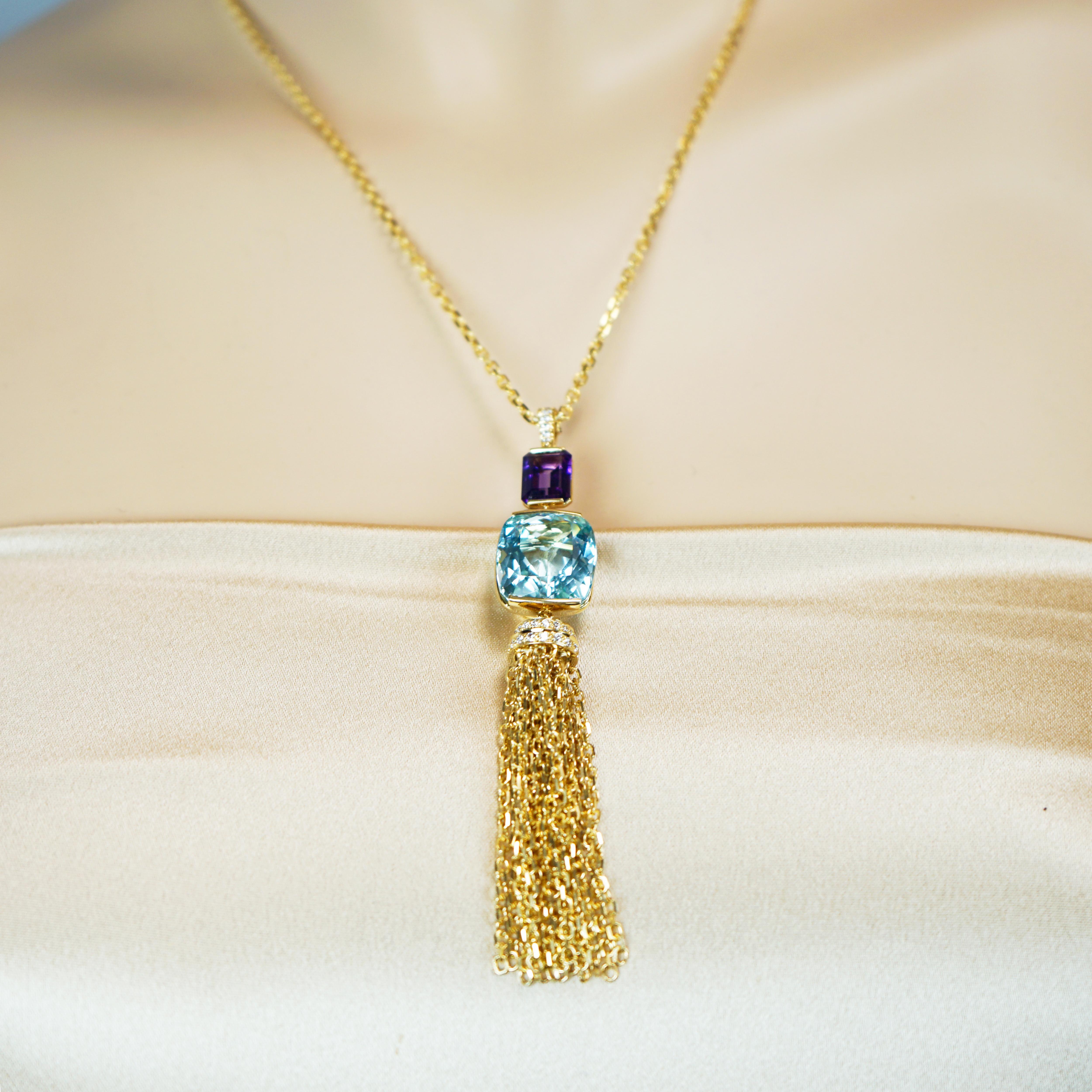 Modern Aquamarine and Amethyst Yellow Gold Tassel Necklace