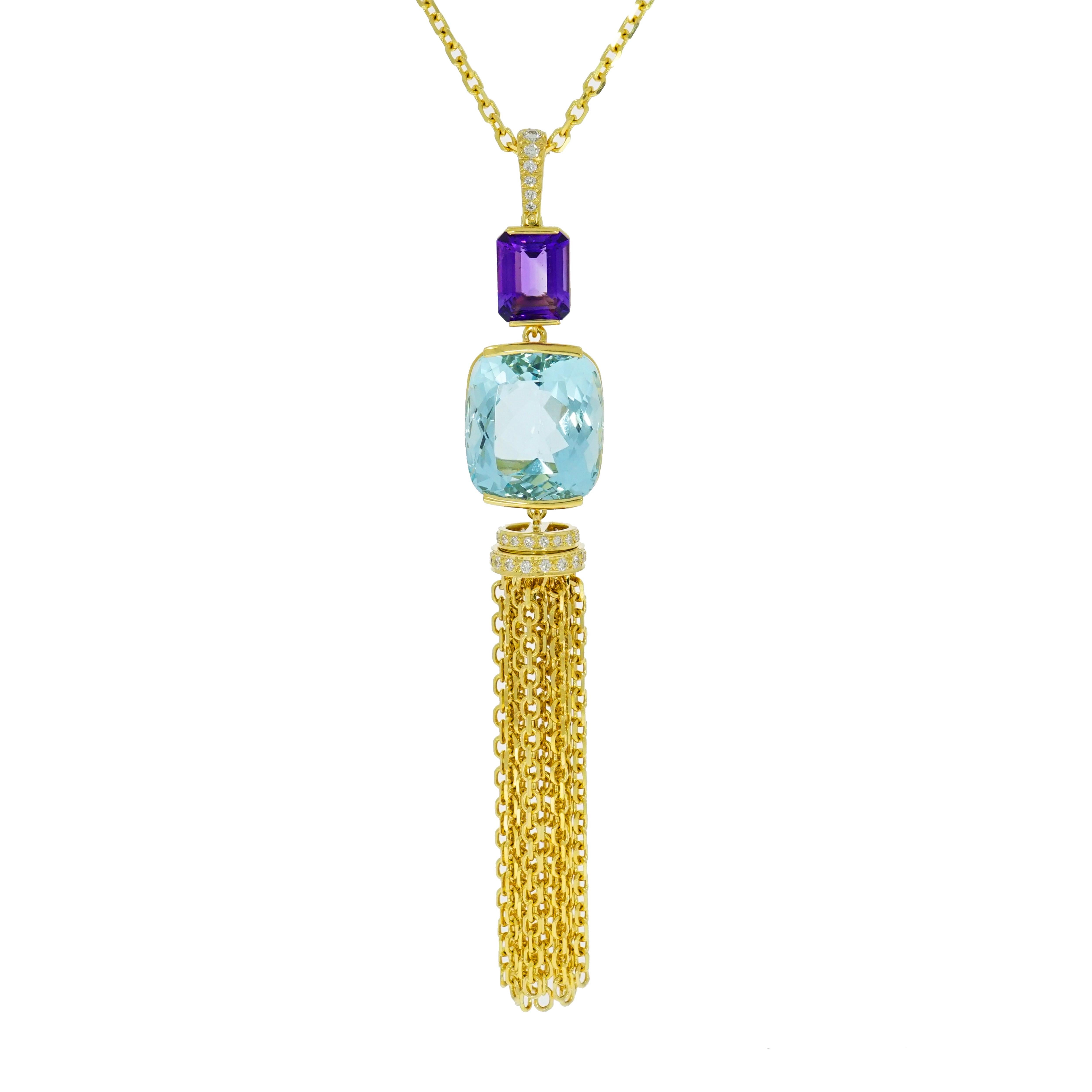 Aquamarine and Amethyst Yellow Gold Tassel Necklace