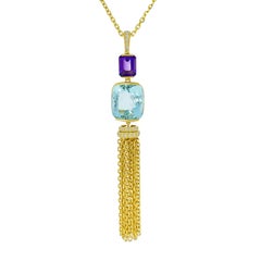 Aquamarine and Amethyst Yellow Gold Tassel Necklace