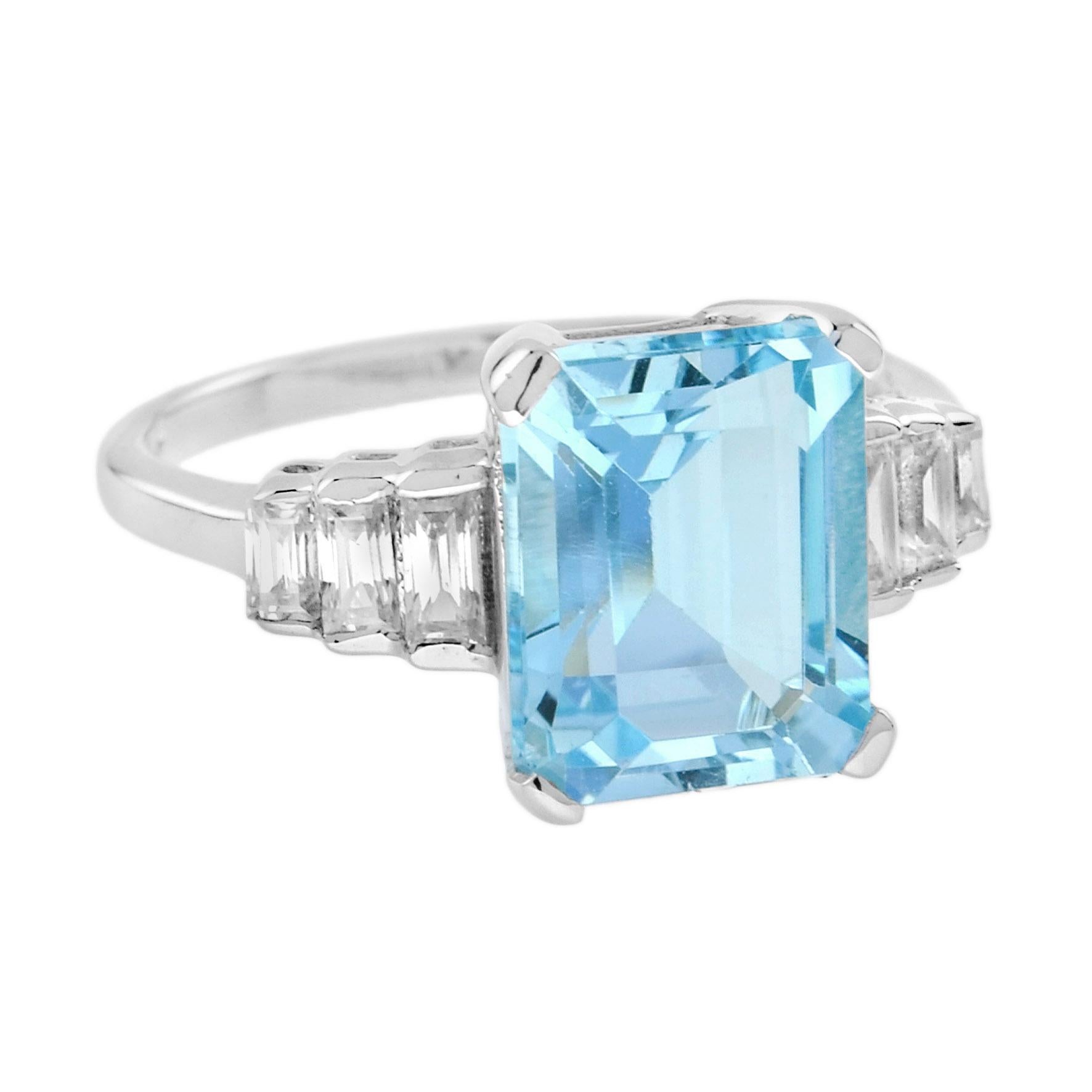 Art Deco Aquamarine and Baguette Diamond Engagement Ring in 18K White Gold For Sale