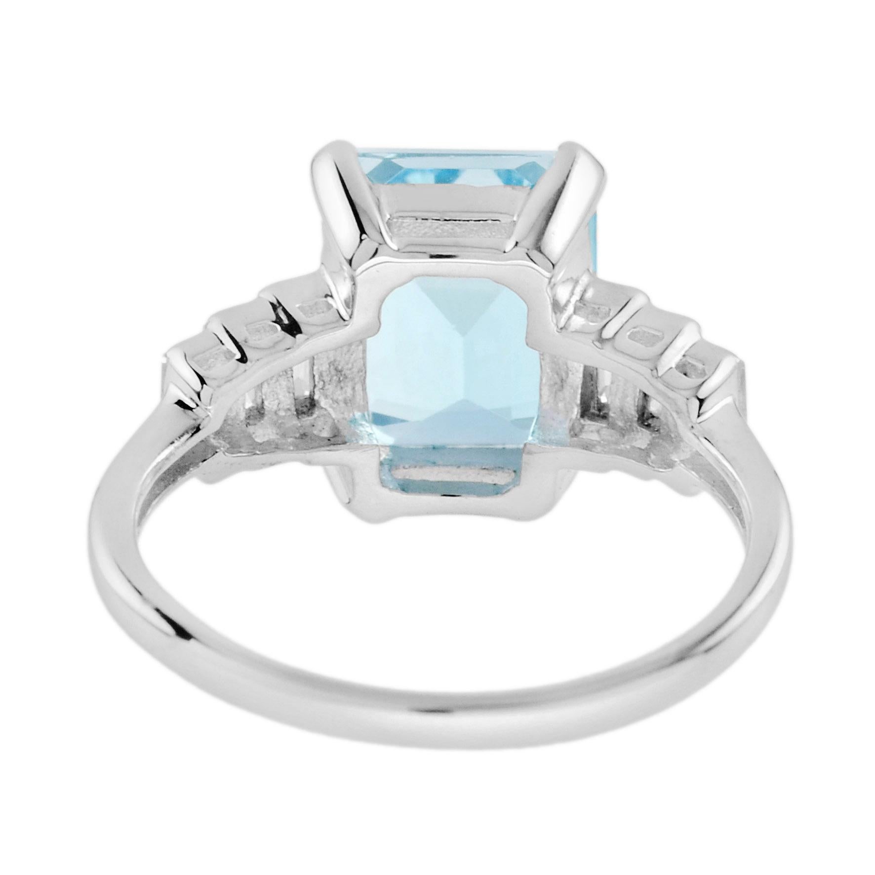 Emerald Cut Aquamarine and Baguette Diamond Engagement Ring in 18K White Gold For Sale
