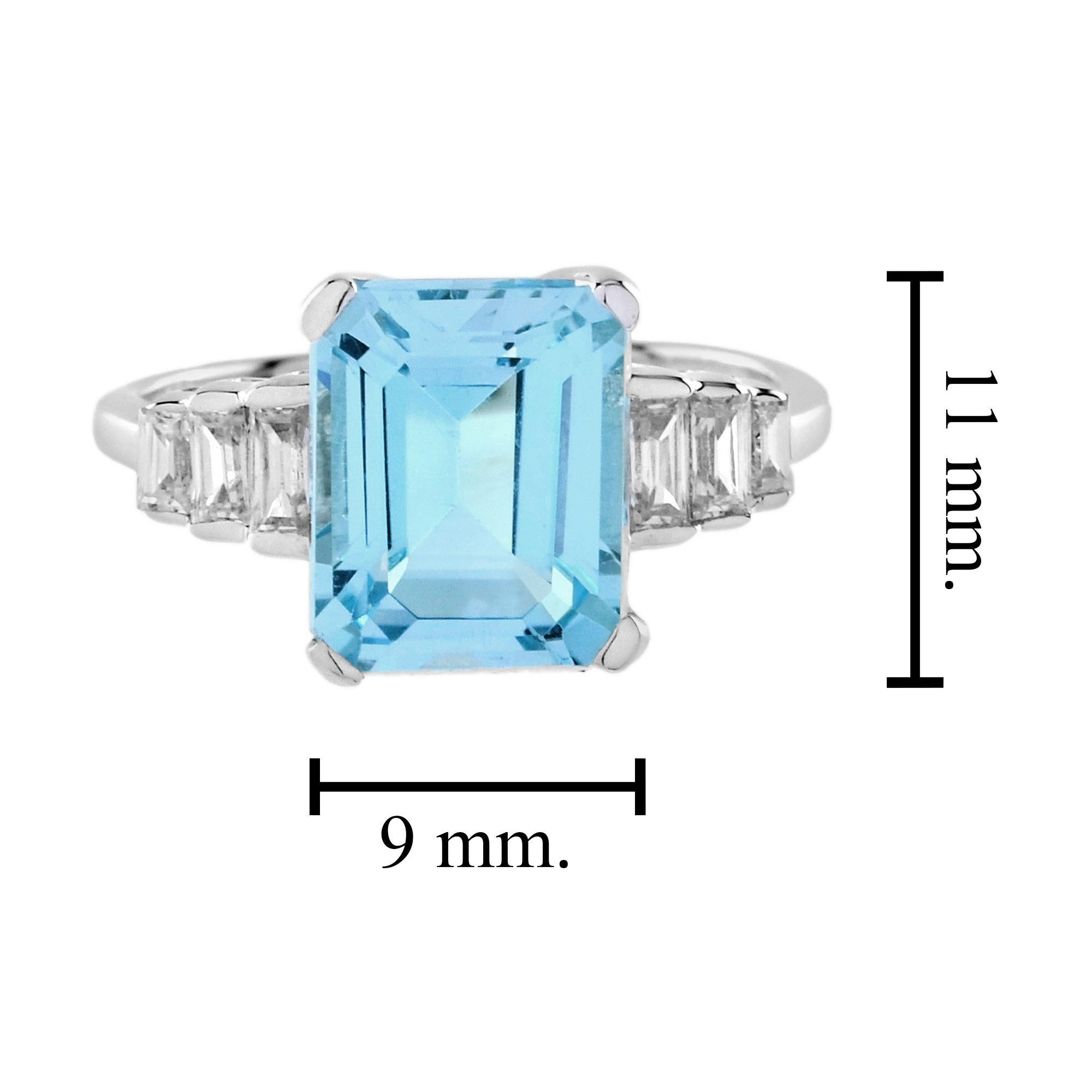 Women's Aquamarine and Baguette Diamond Engagement Ring in 18K White Gold For Sale