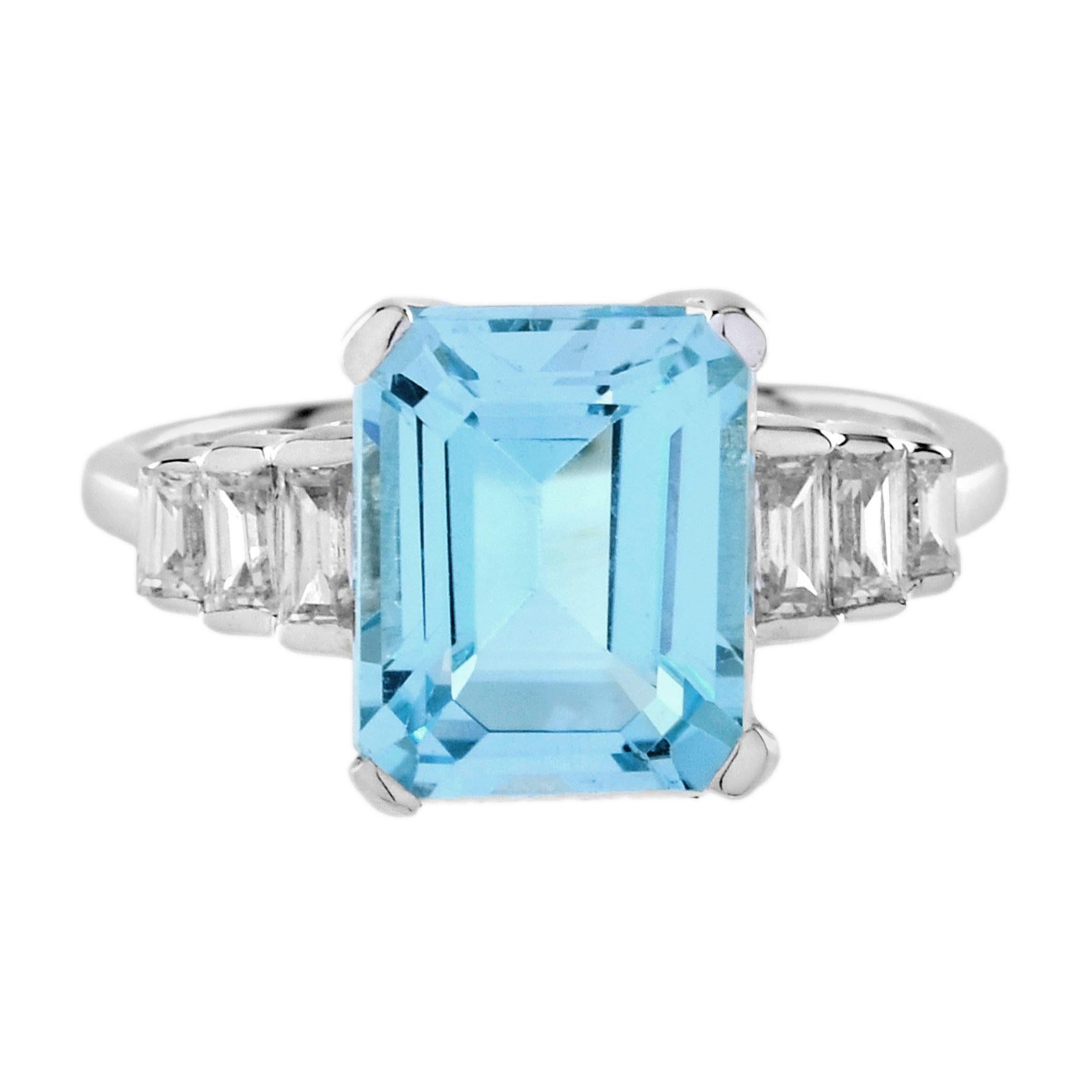 Aquamarine and Baguette Diamond Engagement Ring in 18K White Gold For Sale