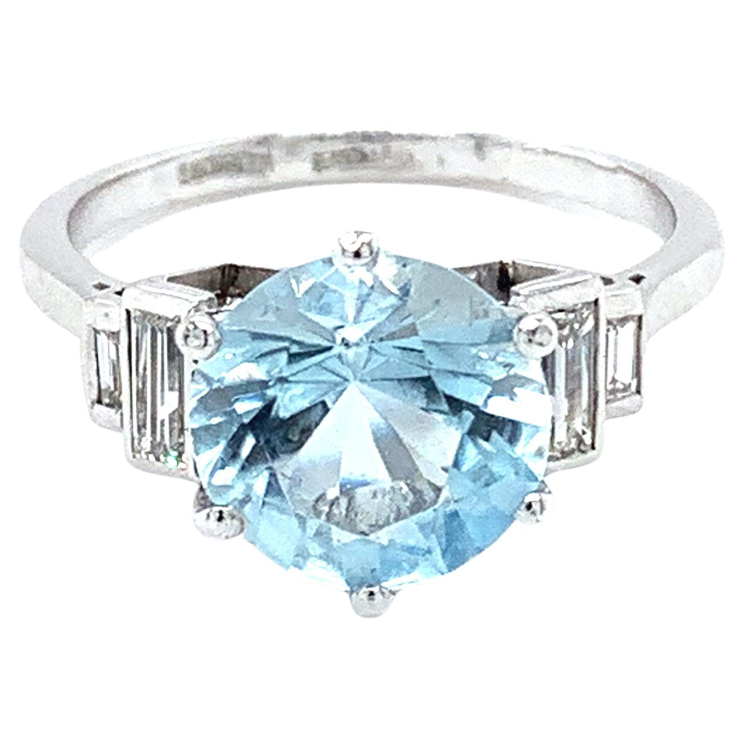 Aquamarine and baguette diamond trilogy cocktail ring platinum