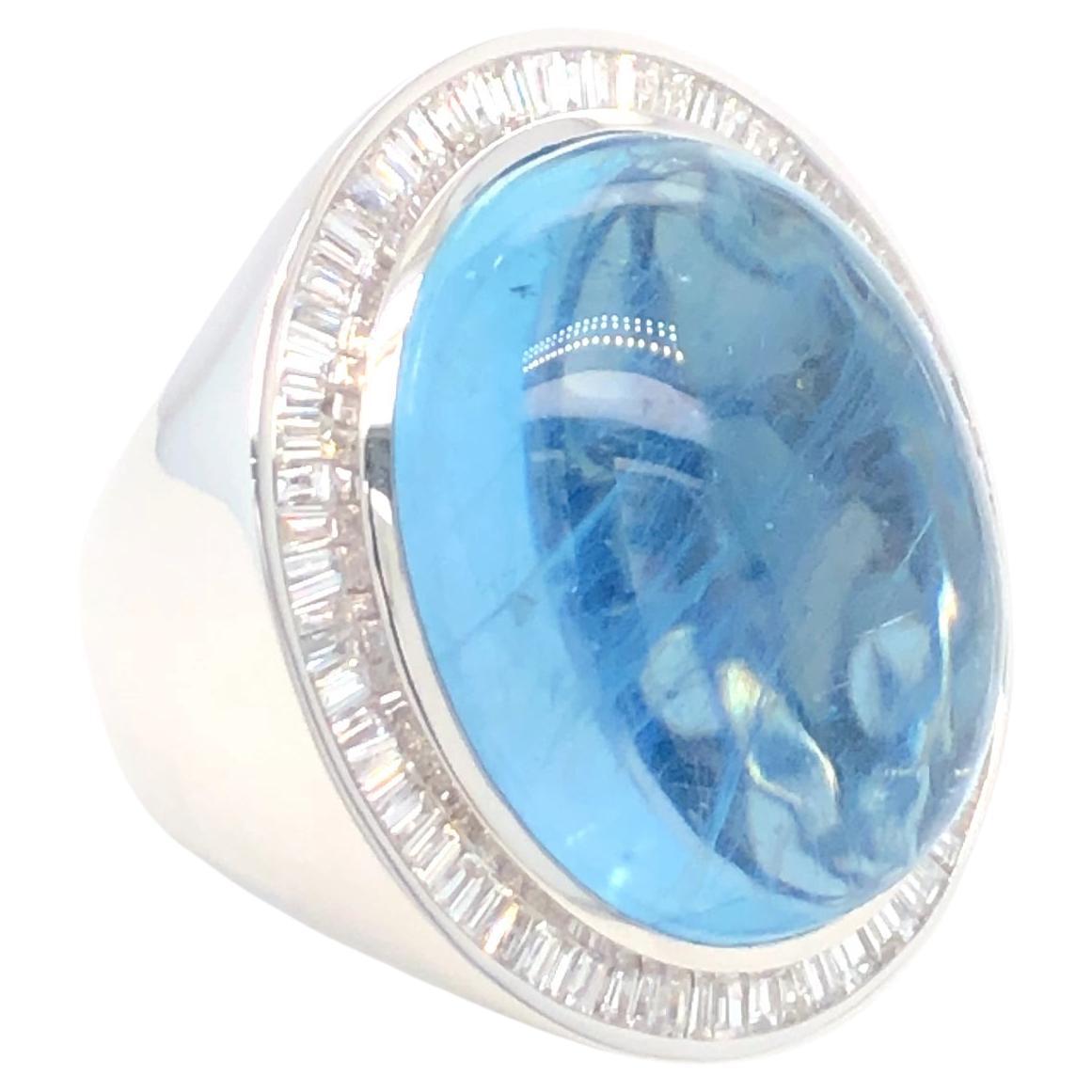 Aquamarine and Baguette Diamonds Ring 14K White Gold For Sale