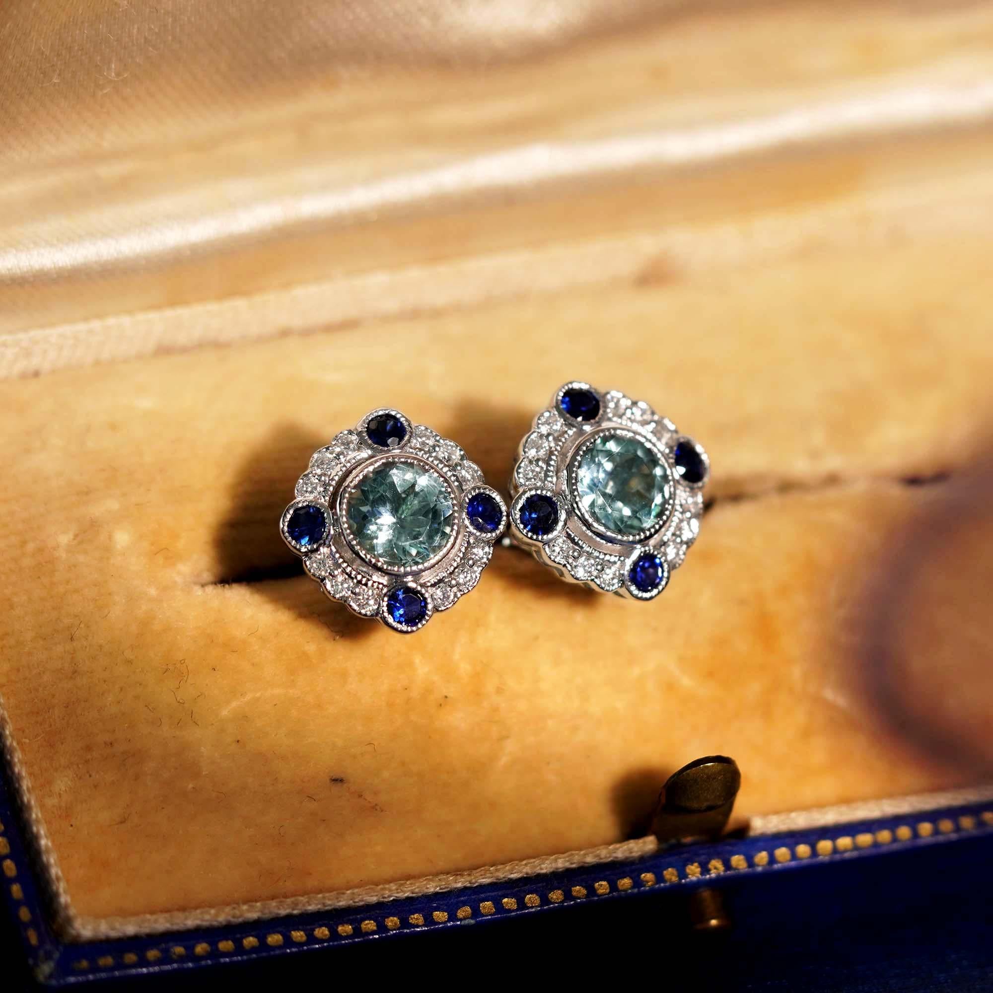 Round Cut Aquamarine and Blue Sapphire Art Deco Style Stud Earrings in 14K White Gold For Sale