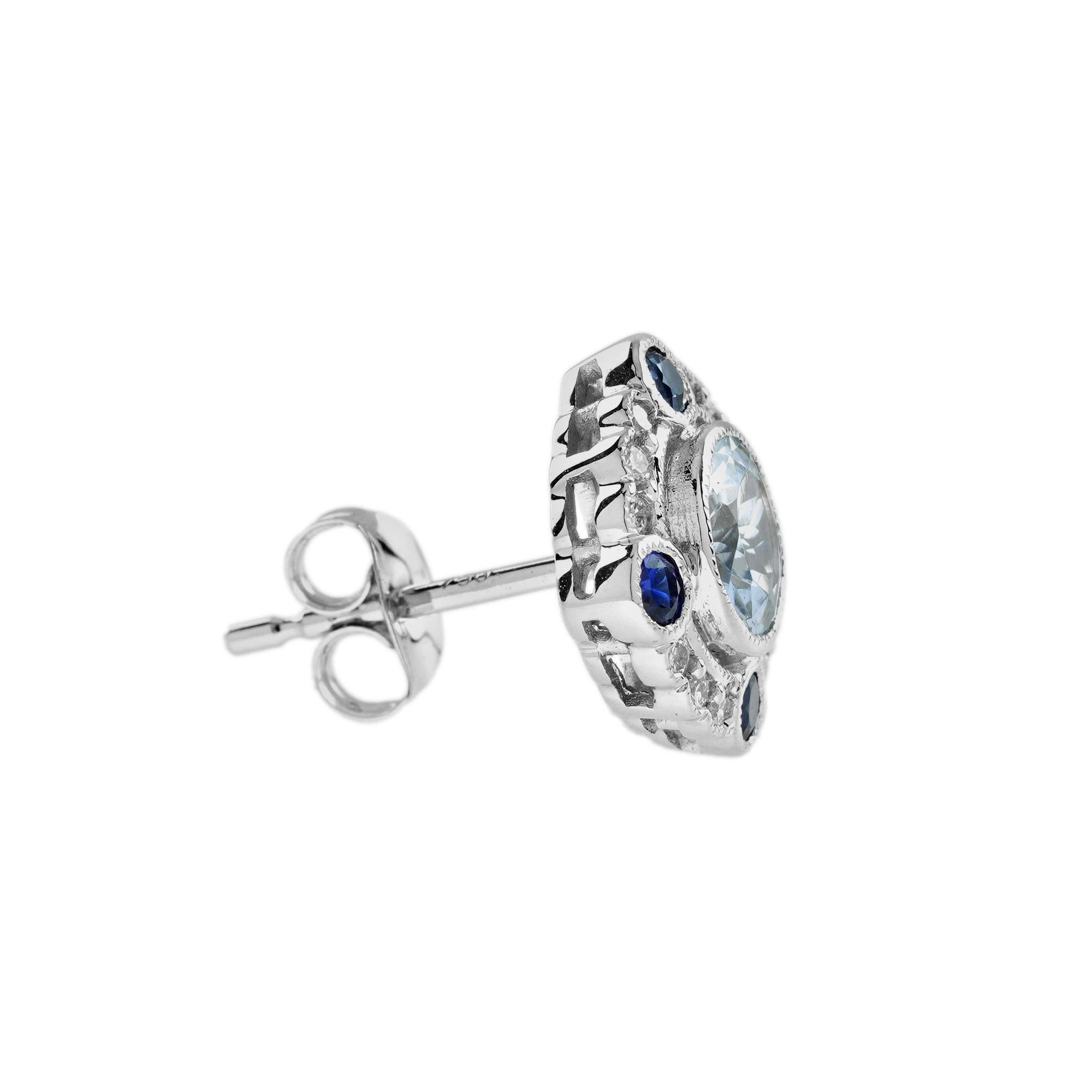 Aquamarine and Blue Sapphire Art Deco Style Stud Earrings in 14K White Gold In New Condition For Sale In Bangkok, TH