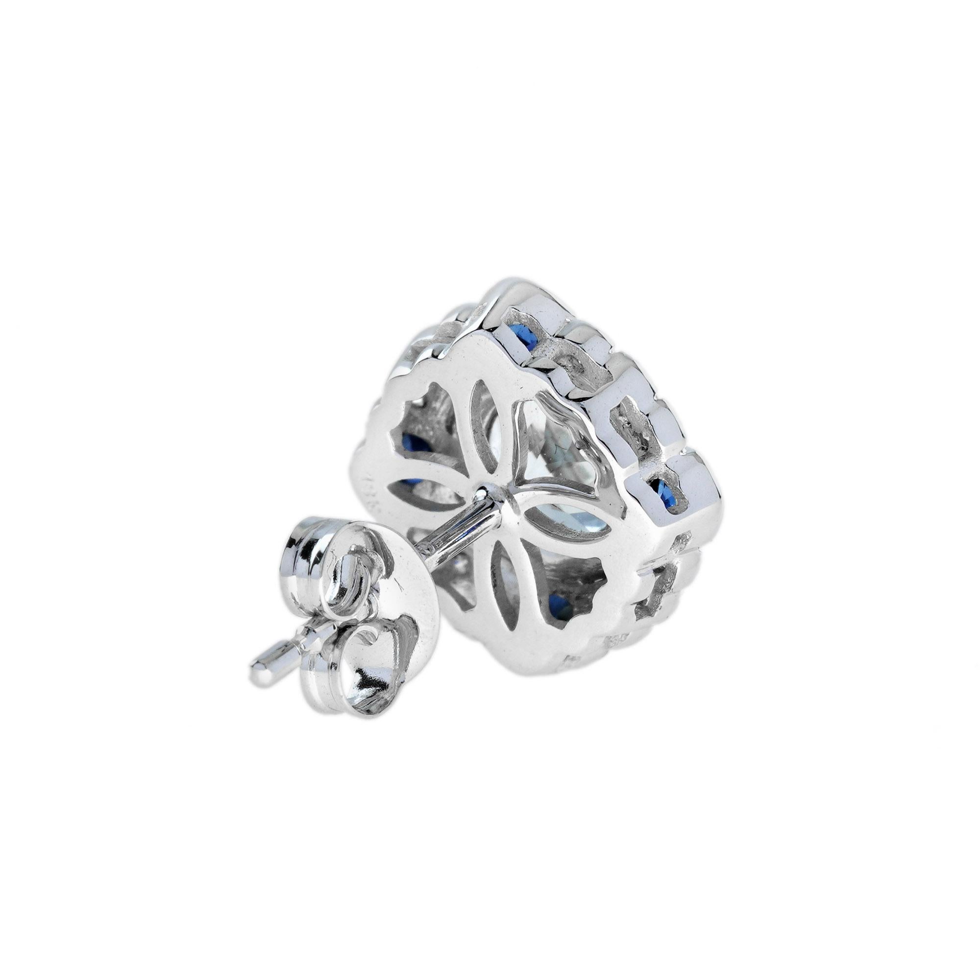 Women's Aquamarine and Blue Sapphire Art Deco Style Stud Earrings in 14K White Gold For Sale