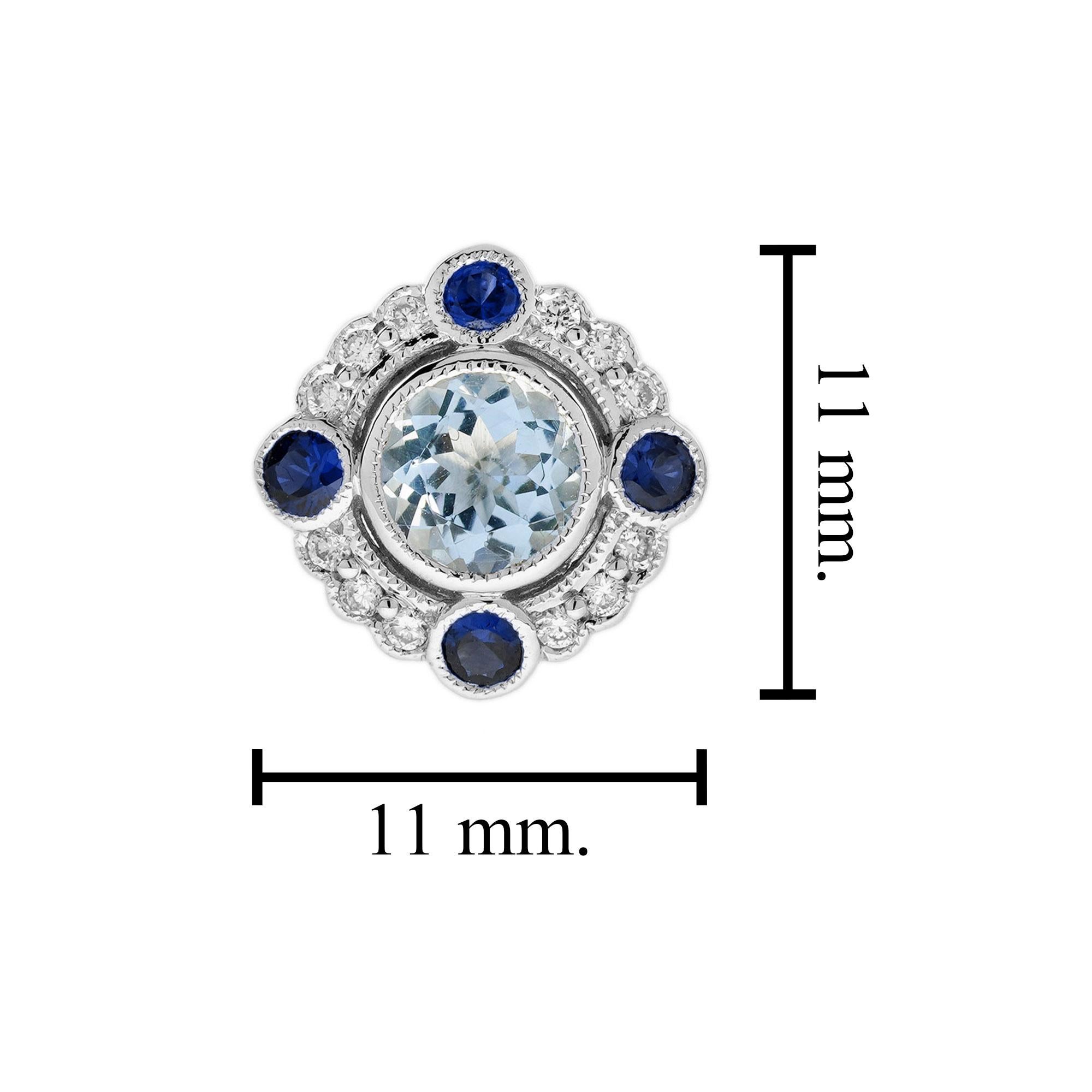 Aquamarine and Blue Sapphire Art Deco Style Stud Earrings in 14K White Gold For Sale 1
