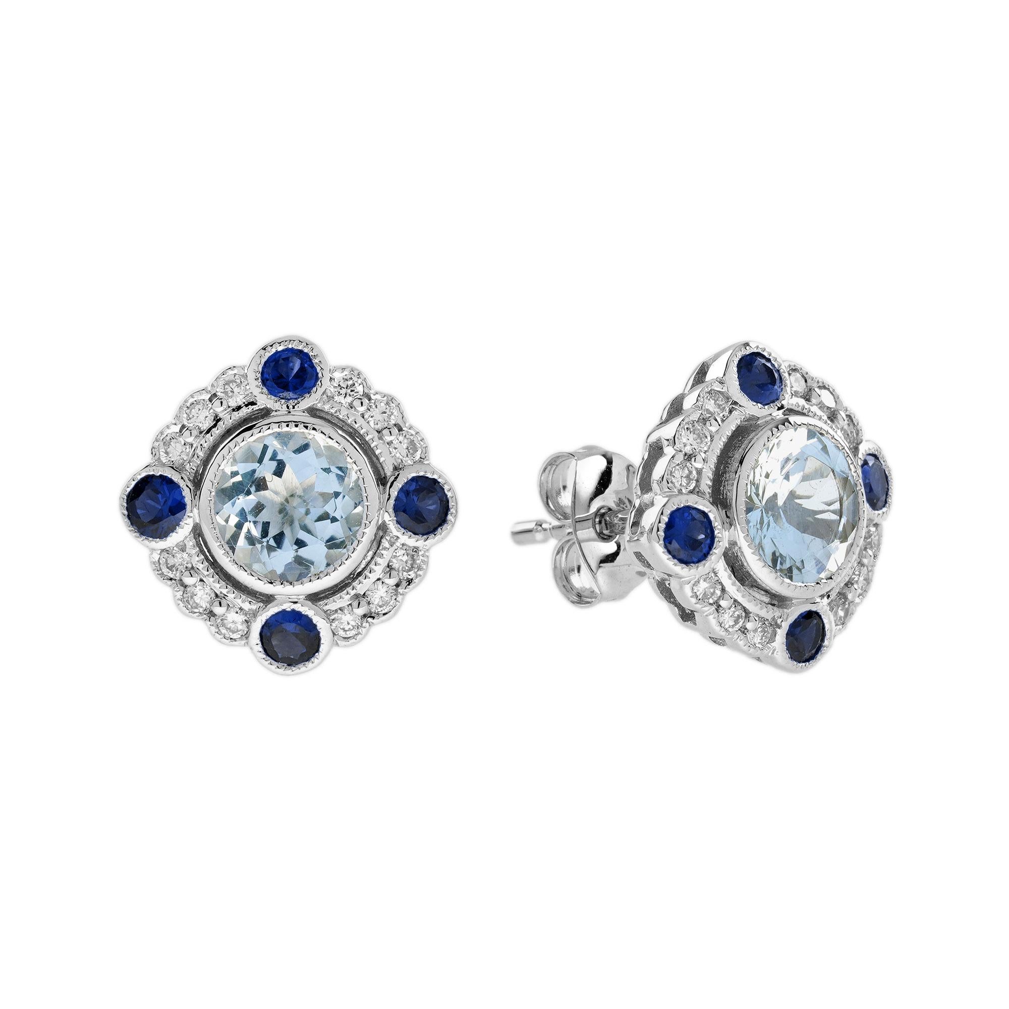 Aquamarine and Blue Sapphire Art Deco Style Stud Earrings in 14K White Gold For Sale