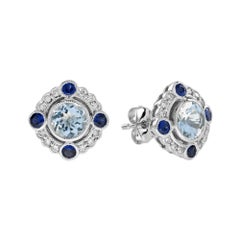 Aquamarine and Blue Sapphire Art Deco Style Stud Earrings in 14K White Gold