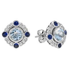 Aquamarine and Blue Sapphire Art Deco Style Stud Earrings in 18K White Gold