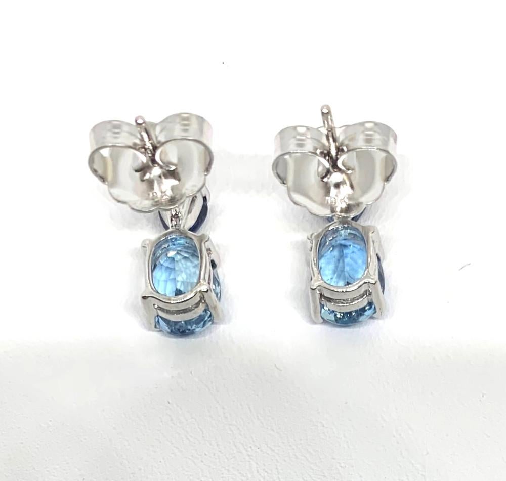 Artisan Aquamarine Oval and Blue Sapphire Pear Shape White Gold Drop Post Earrings 