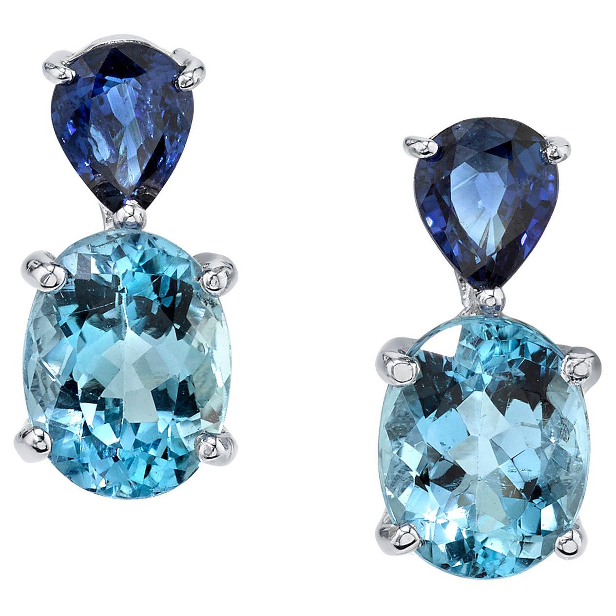 Aquamarine Oval and Blue Sapphire Pear Shape White Gold Drop Post Earrings 
