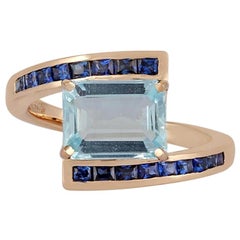 Aquamarine and Blue Sapphire Ring Studded in 18 Karat Yellow Gold