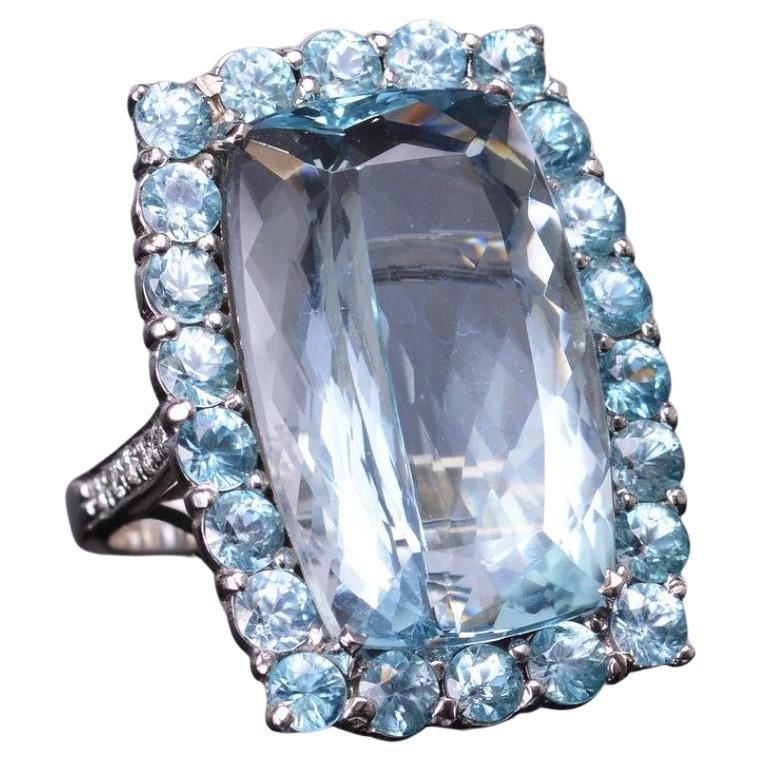 Aquamarine and Blue Zircon Halo Cocktail Ring with Diamonds