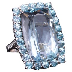 Aquamarine and Blue Zircon Halo Cocktail Ring with Diamonds