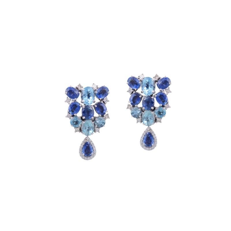 Princess Cut Aquamarine and Ceylon Blue Sapphire Earrings in 18 Karat White Gold