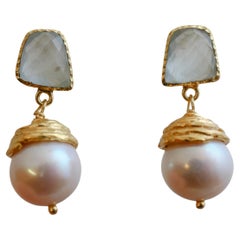 Aquamarine and Cultured Pearl Gold Plated Sterling Silver Post Drop Earrings