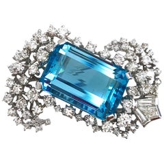 Vintage Aquamarine and Diamond 14 Karat White Gold Brooch