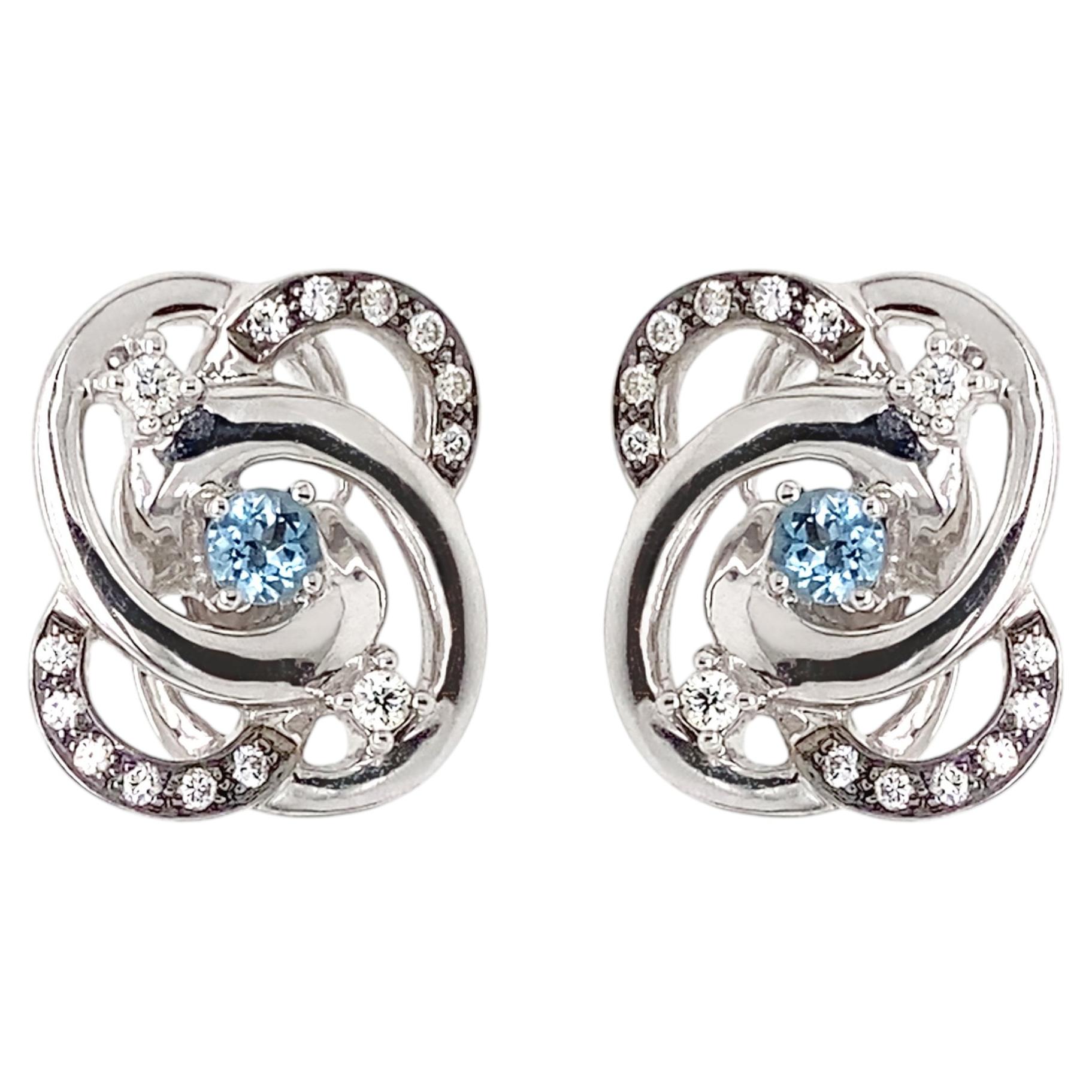 Aquamarine and Diamond 18 Carat White Gold Interwoven Open Work Stud Earrings