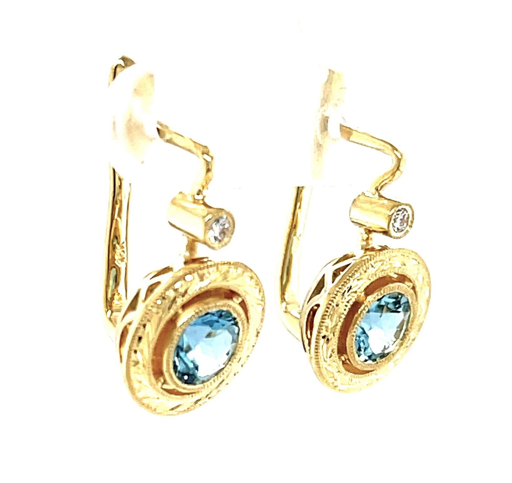 18k yellow gold aquamarine dangle cabochon earrings