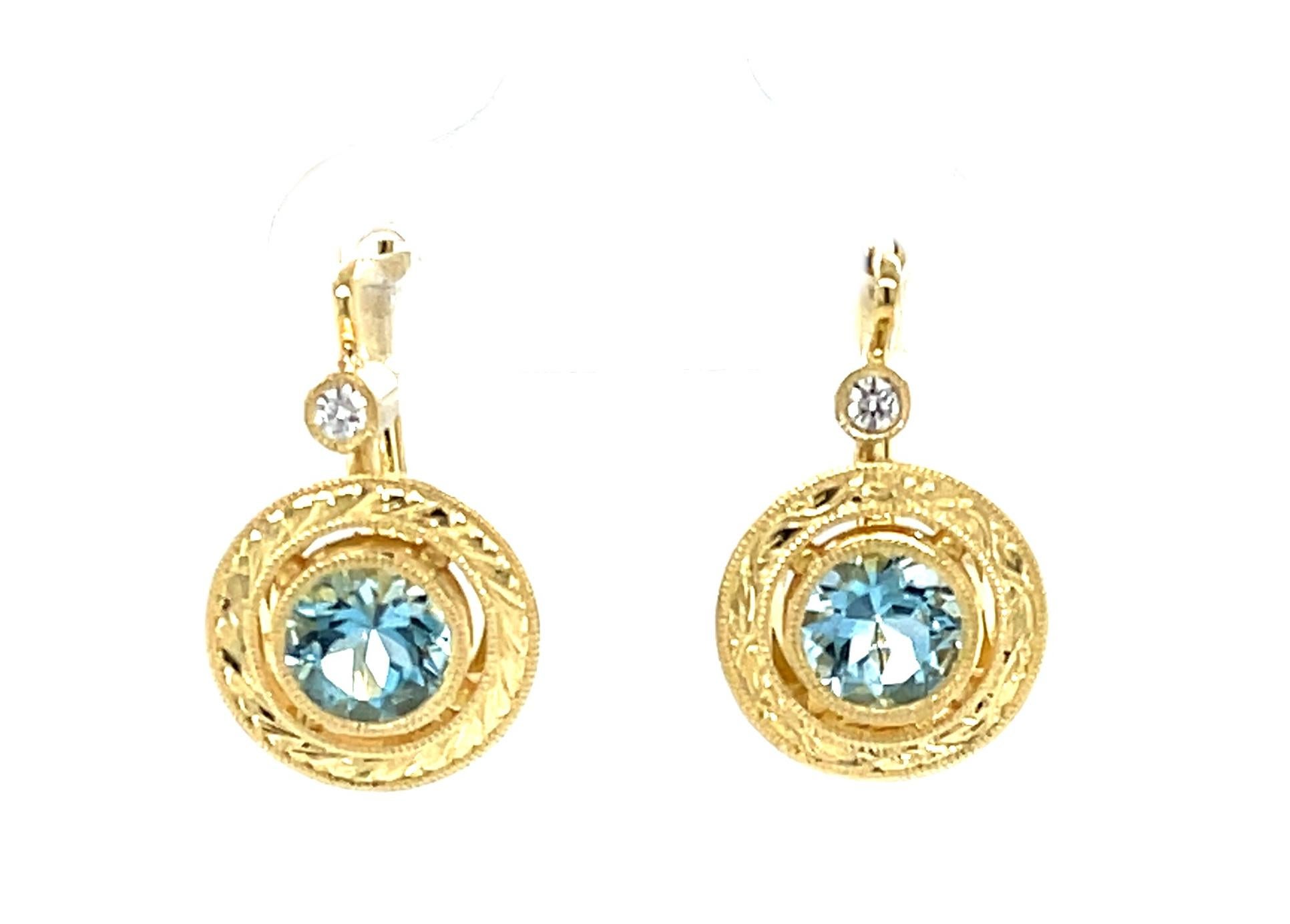 Women's or Men's Aquamarine and Diamond Drop Earrings in Yellow Gold Bezels with Clip Backs For Sale
