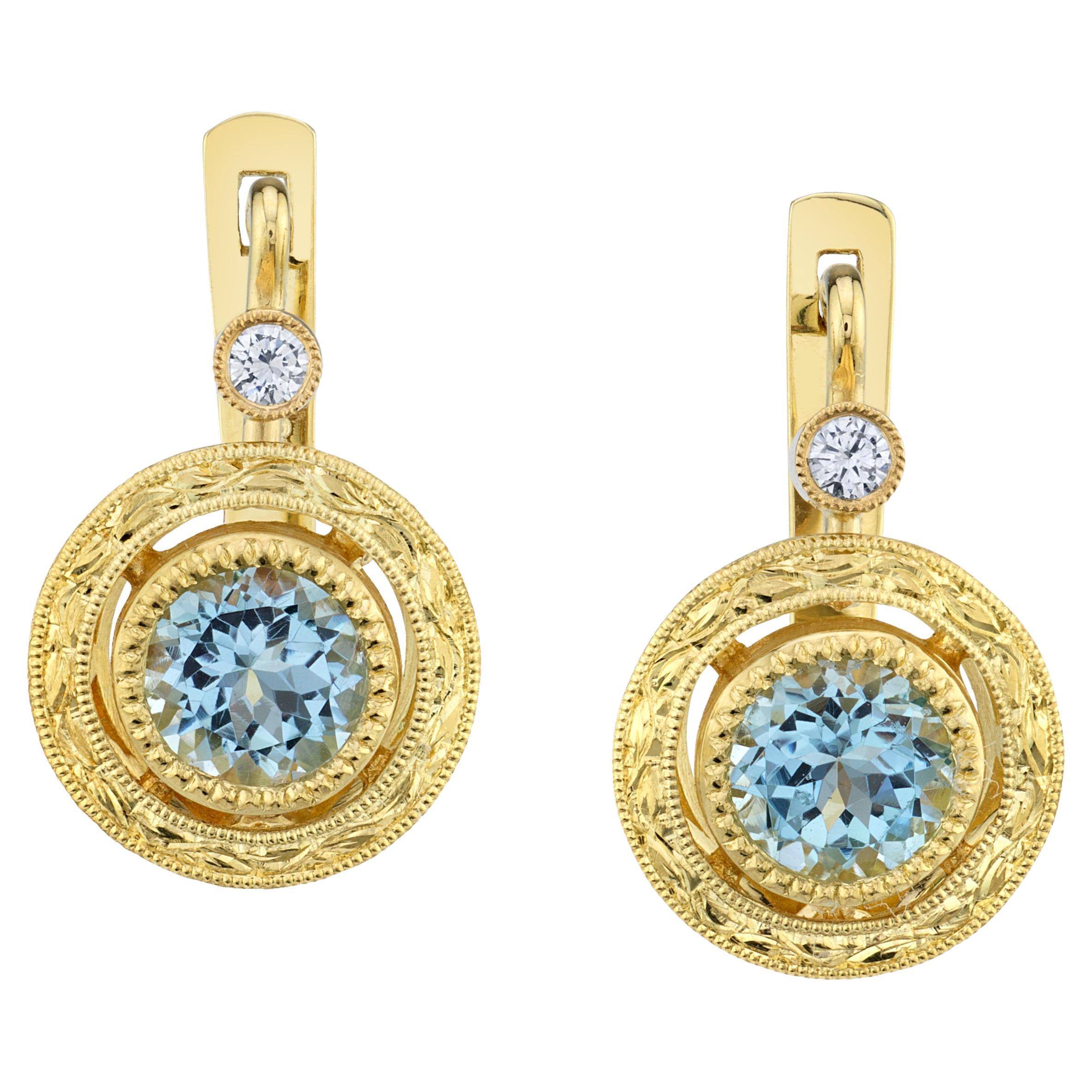 Aquamarine and Diamond Drop Earrings in Yellow Gold Bezels with Clip Backs For Sale
