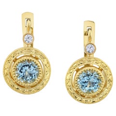 Aquamarine and Diamond 18k Yellow Gold Bezel Post Clip Back Drop Earrings
