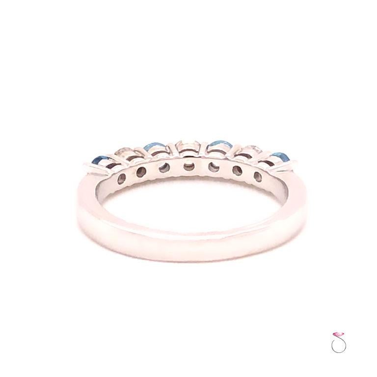 Modern Aquamarine and Diamond Anniversary Band, Designer Ring in 14k White Gold For Sale