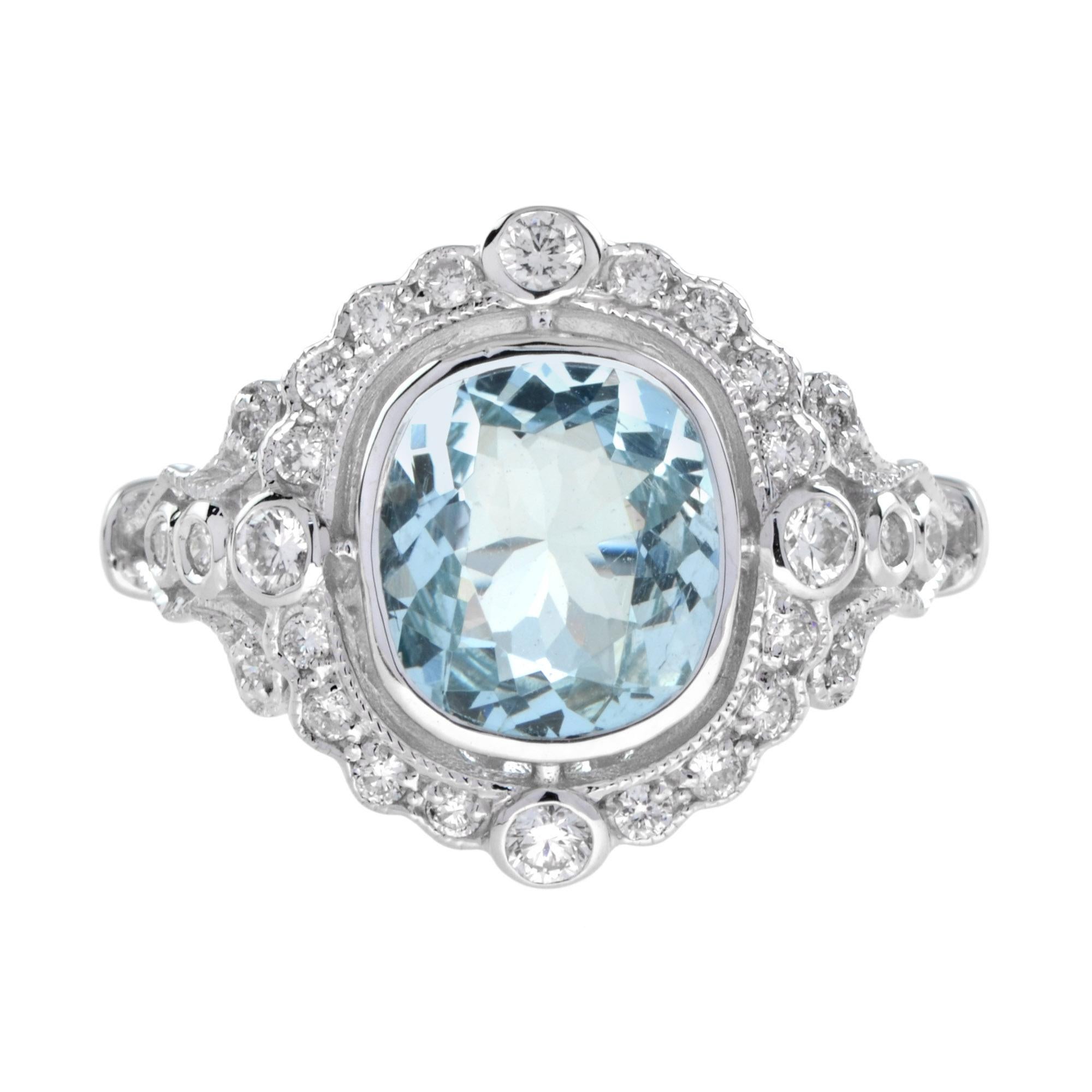 Anillo de compromiso con halo de aguamarina y diamantes estilo antiguo en oro blanco de 18 quilates en venta
