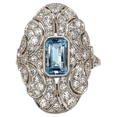Aquamarine and Diamond Art Deco Revival Platinum Ring Estate Fine Jewelry