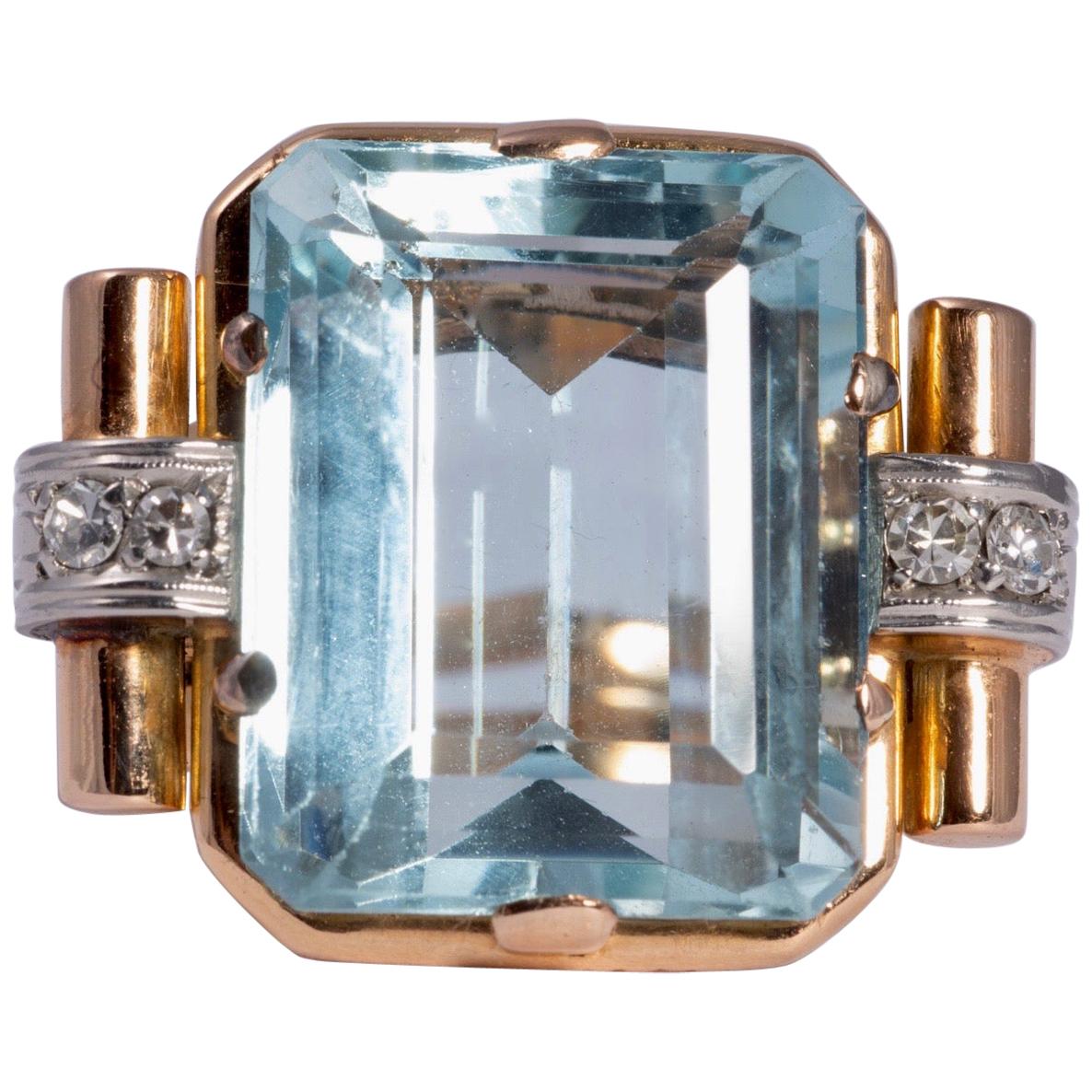 Aquamarine and Diamond Art Deco Ring