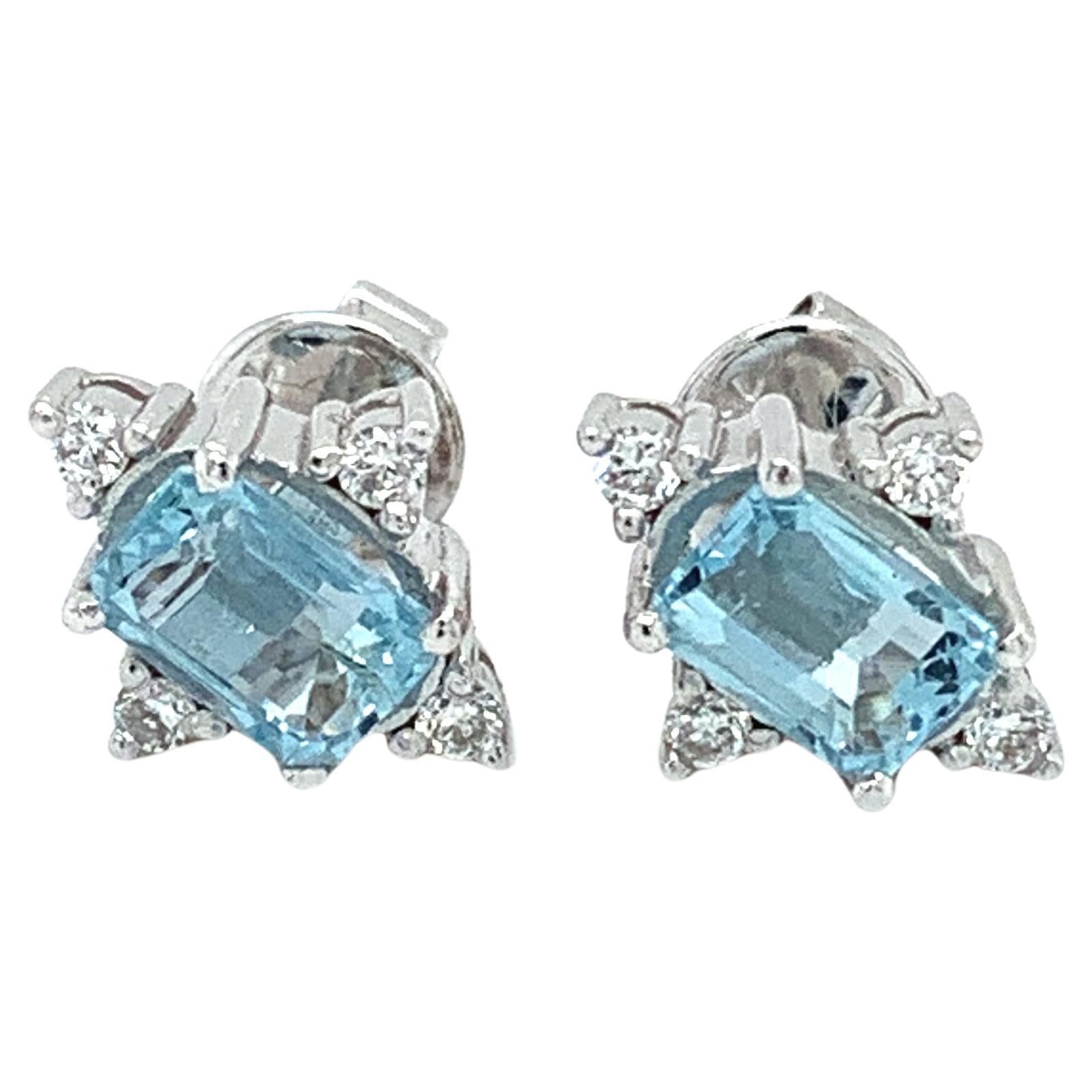 Aquamarine and diamond art deco stud earrings 18k white gold