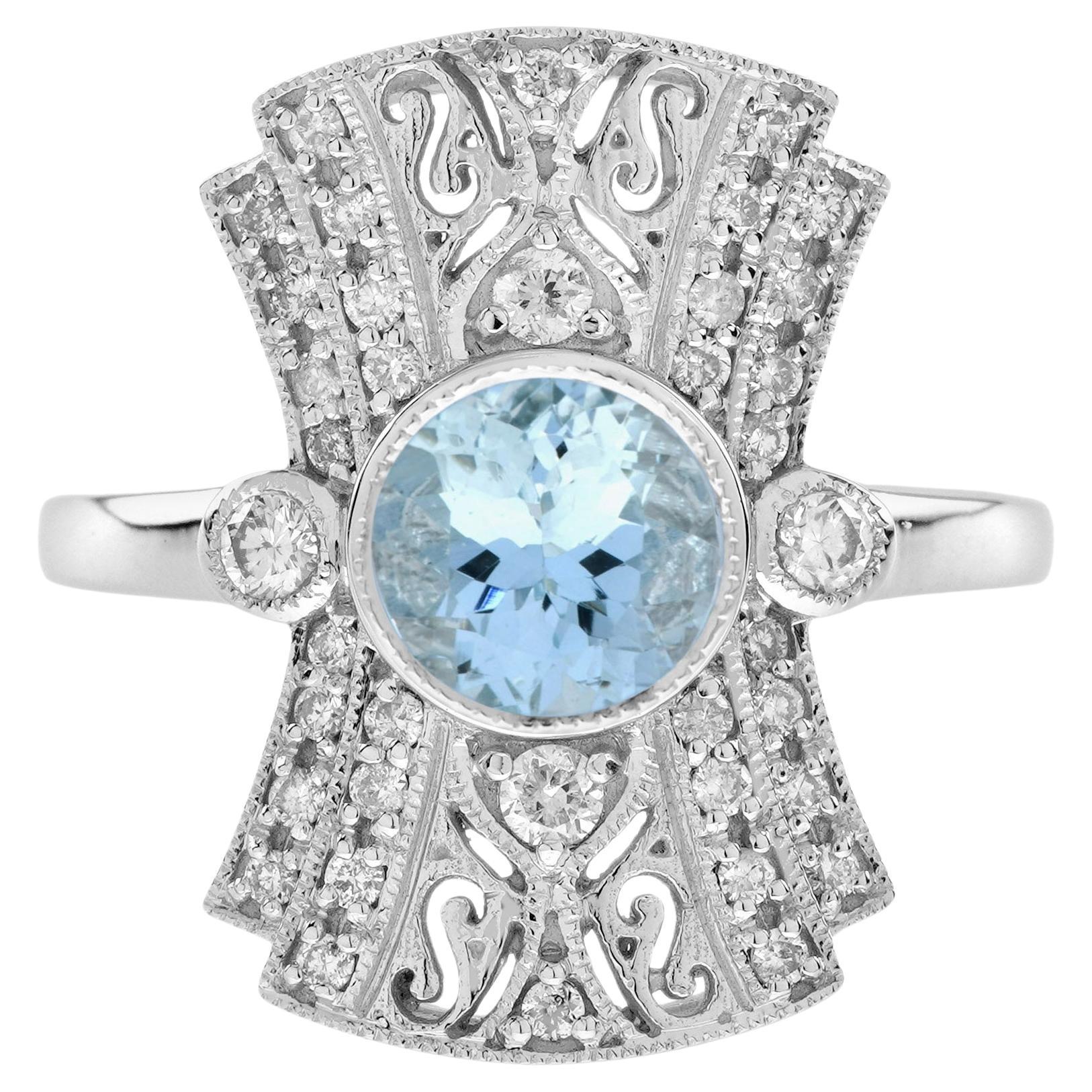 Aquamarine and Diamond Art Deco Style Dinner Ring in 18K White Gold  