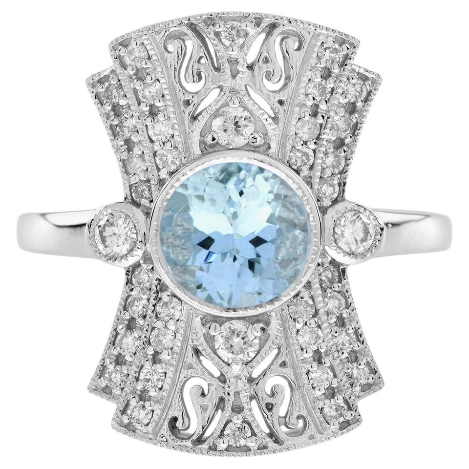 Modren Dinner Rings Aquamarine Sapphire Diamond Art Deco Style Dinner Ring in 18K White ...