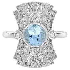 Aquamarine and Diamond Art Deco Style Dinner Ring in 18K White Gold  
