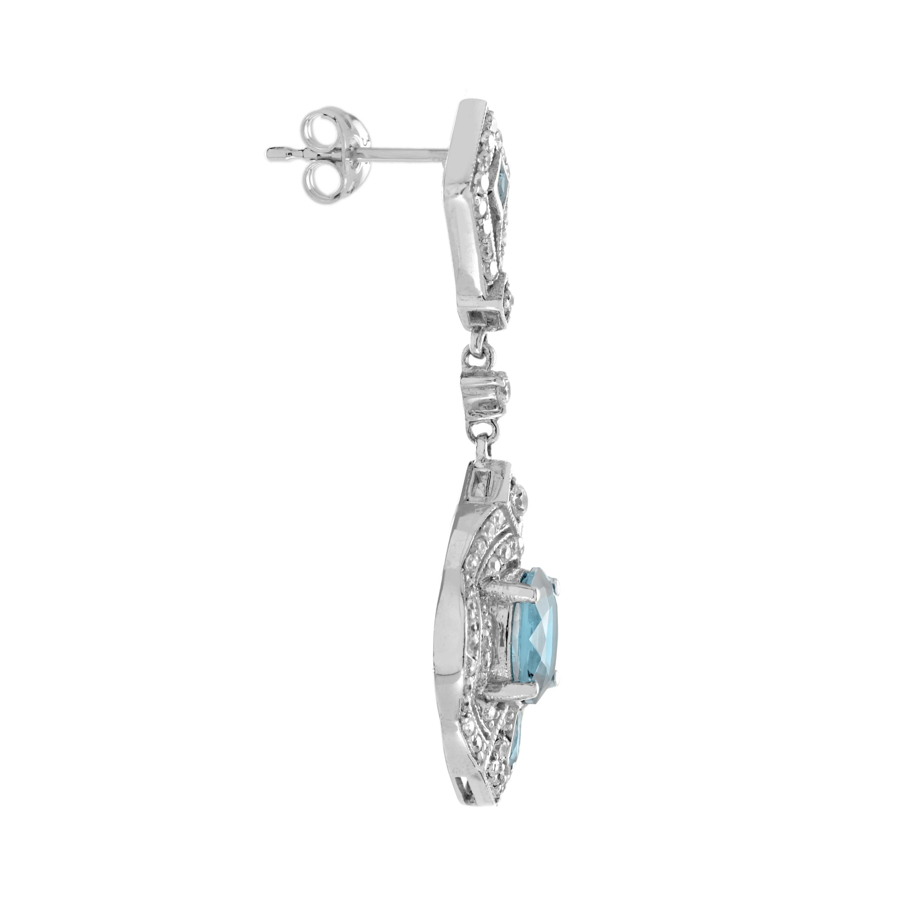 Oval Cut Aquamarine and Diamond Art Deco Style Drop Earrings in 18K White Gold For Sale