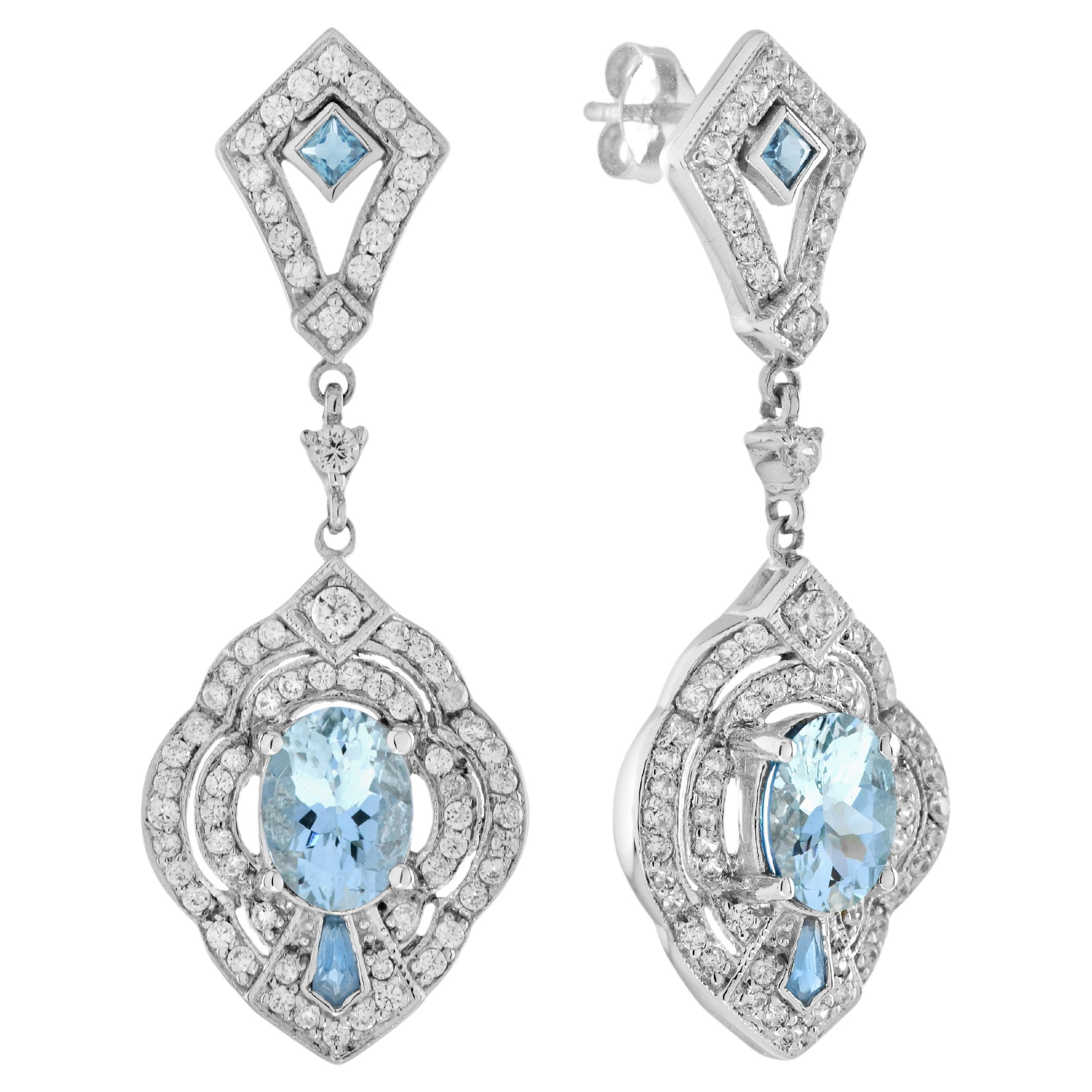 Aquamarine and Diamond Art Deco Style Drop Earrings in 18K White Gold