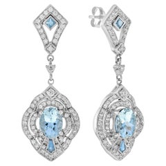 Aquamarine and Diamond Art Deco Style Drop Earrings in 18K White Gold