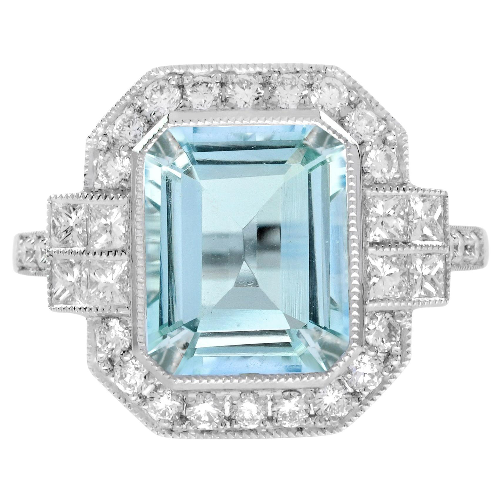 Aquamarine and Diamond Art Deco Style Engagement Ring in 14K White Gold