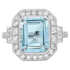 Aquamarine and Diamond Art Deco Style Engagement Ring in 14K White Gold