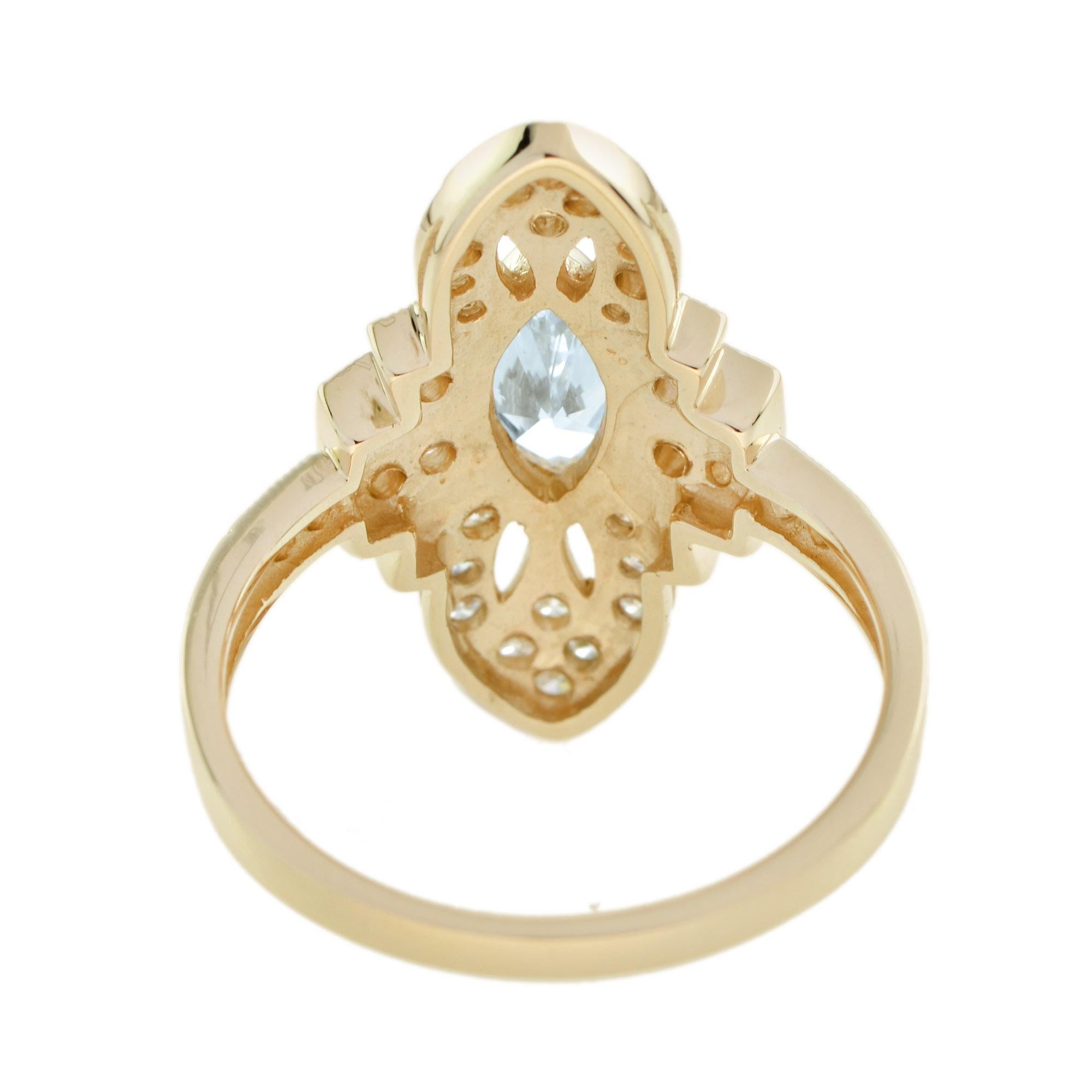 For Sale:  Aquamarine and Diamond Art Deco Style Marquise Shape Ring in 18K Yellow Gold 5