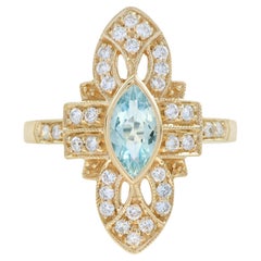 Aquamarine and Diamond Art Deco Style Marquise Shape Ring in 18K Yellow Gold