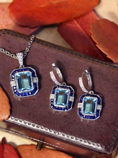 Aquamarine and Diamond Art Deco Style Pendant Earrings Jewelry Set in 14K Gold