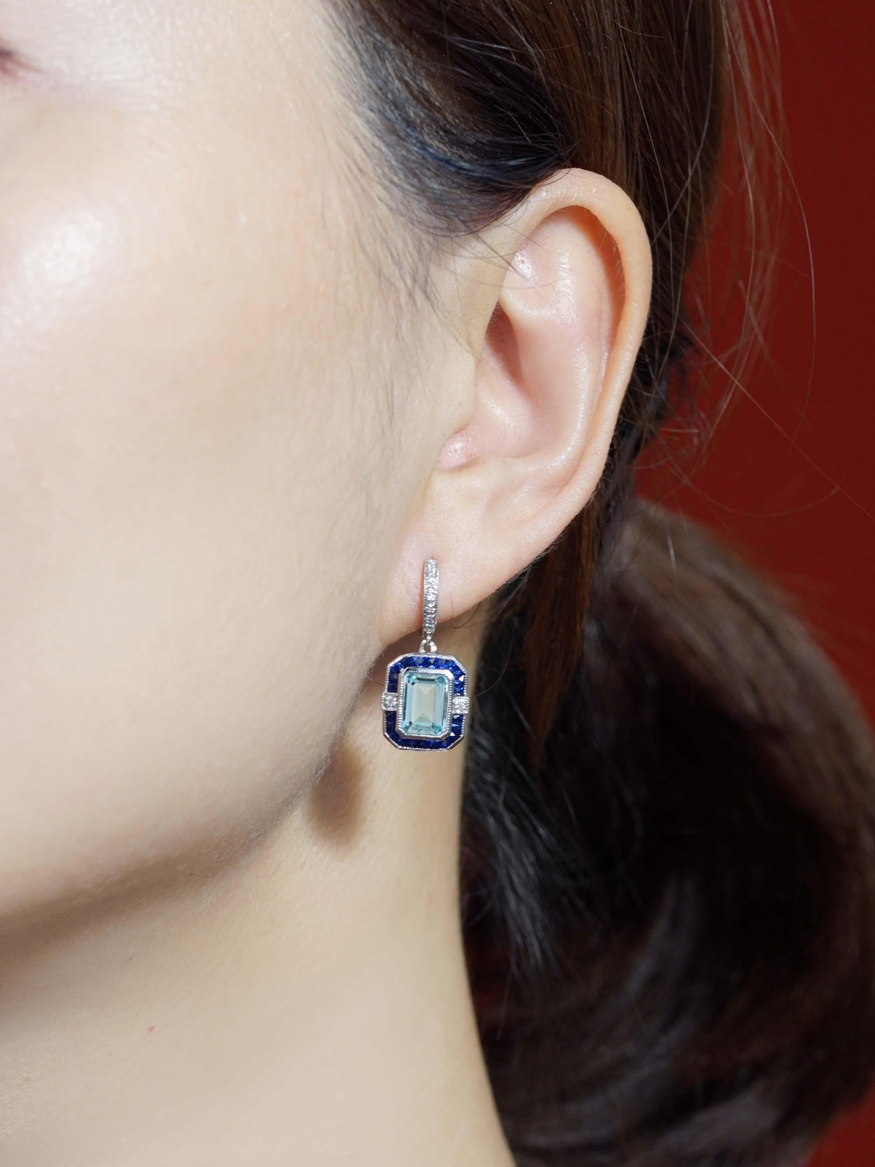 Set di orecchini pendenti in stile Art Déco con acquamarina e diamanti in oro 14K In condizioni Nuovo in vendita a Bangkok, TH