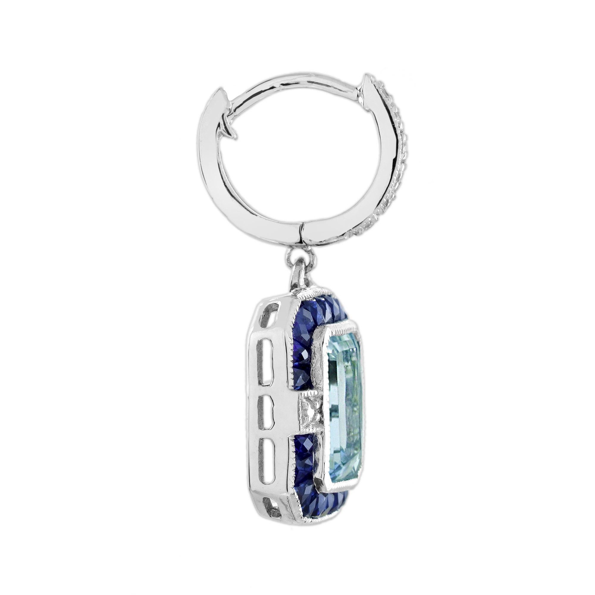 Set di orecchini pendenti in stile Art Déco con acquamarina e diamanti in oro 14K in vendita 4