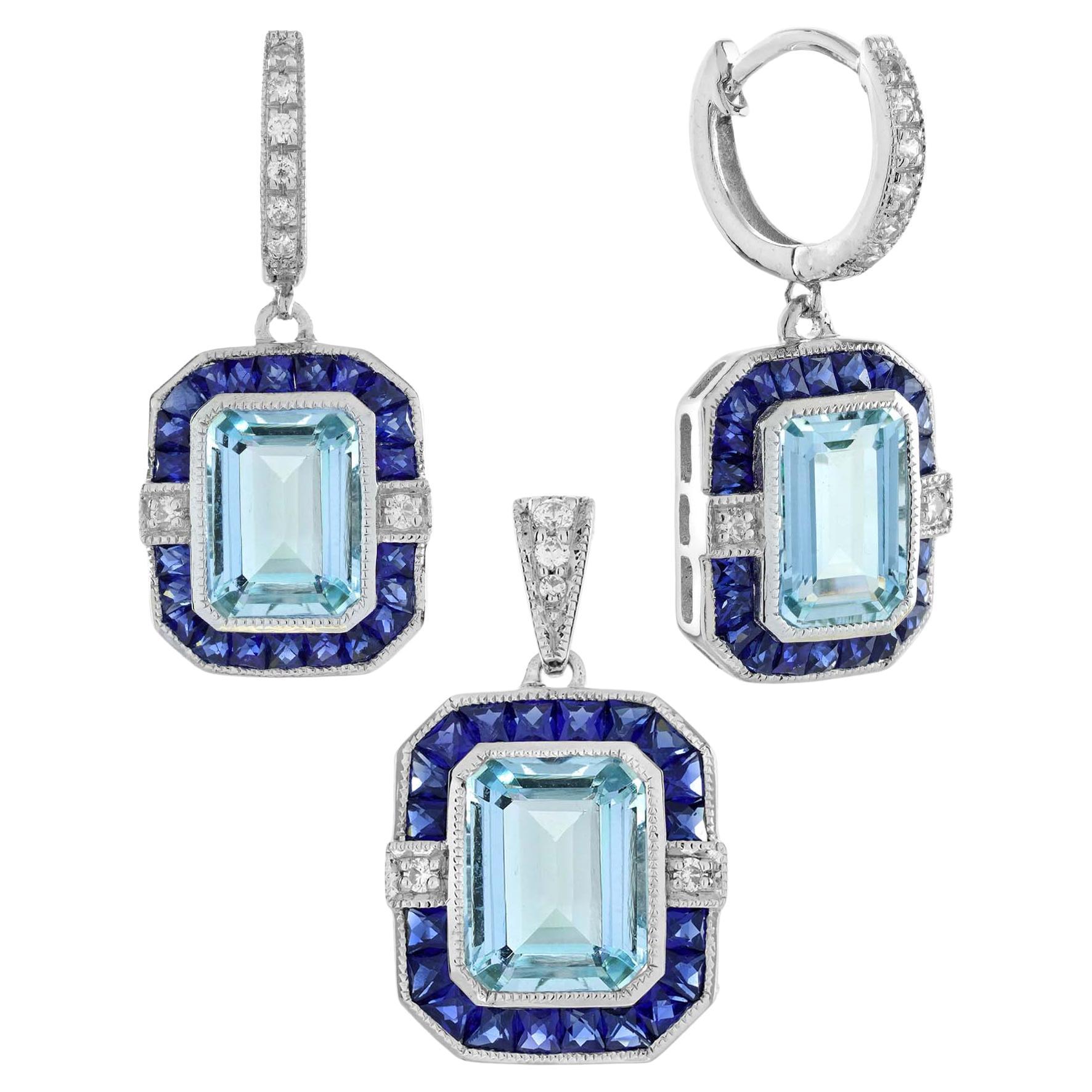 Set di orecchini pendenti in stile Art Déco con acquamarina e diamanti in oro 14K
